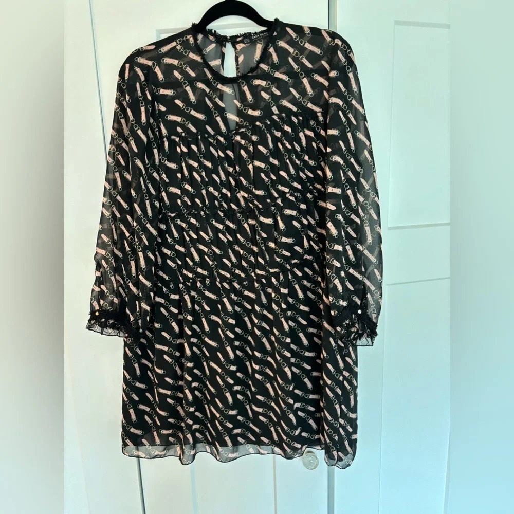 Zara Woman Basic Collection Black Belt Print Long Sleeve Flowy Dress Size XL - Picture 1 of 4